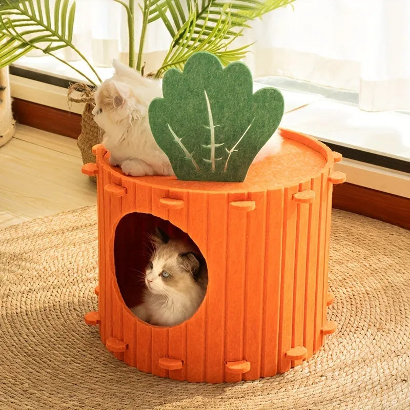 Carrot-shaped grey felt cat tunnel nest, semi-enclosed with drilled openings, shown in two sizes.