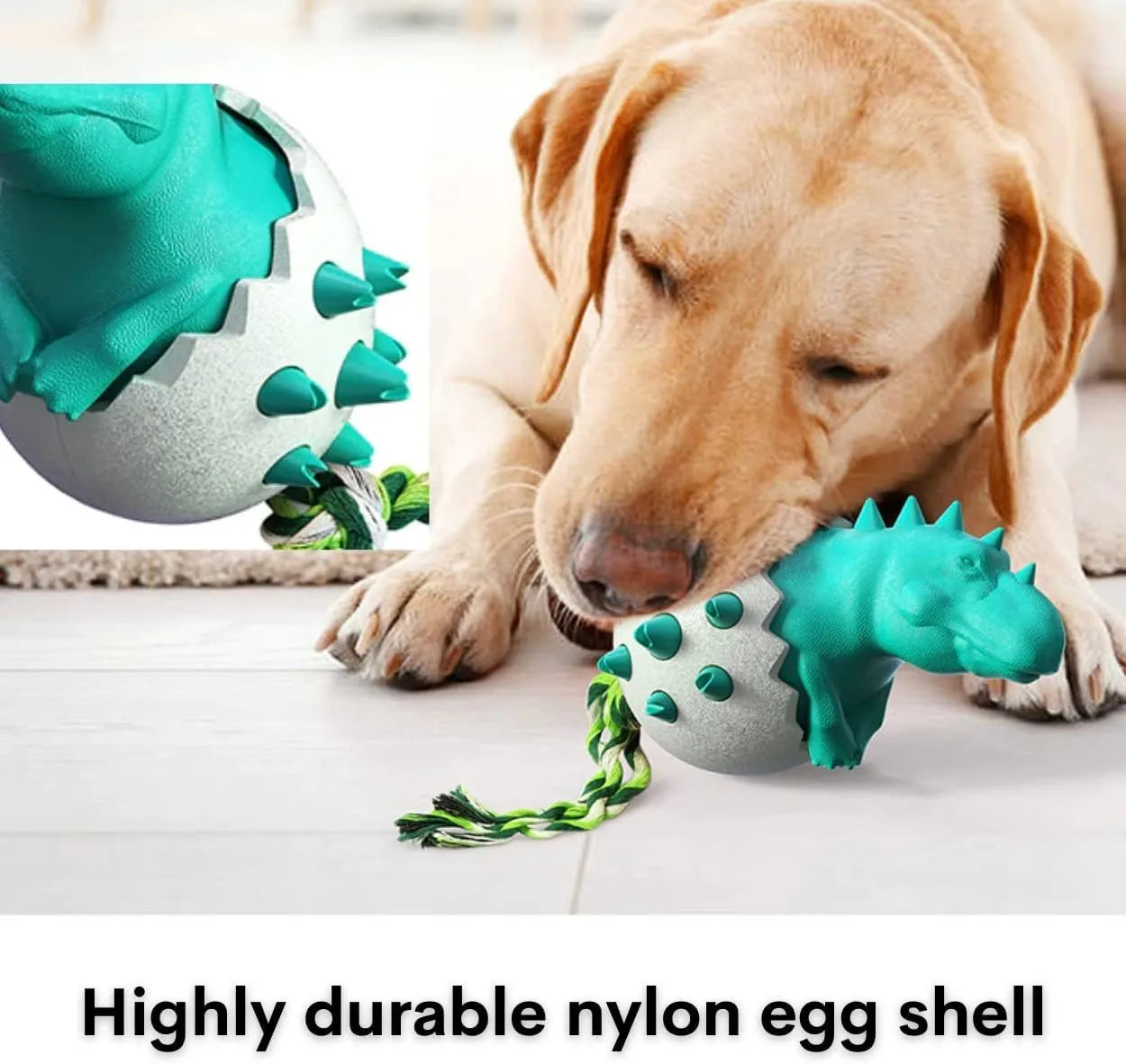 Blue dinosaur-shaped dog chew toy with rubber texture, rope tail, and dental cleaning nubs