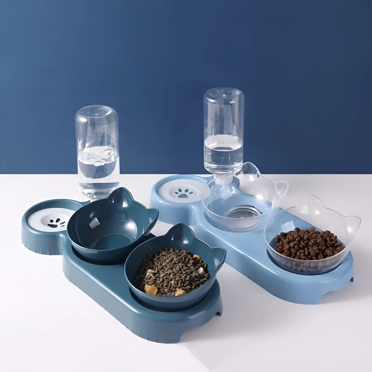 Anti-tumble cat bowl in dark blue, pink, or haze blue with automatic feeding water fountain design