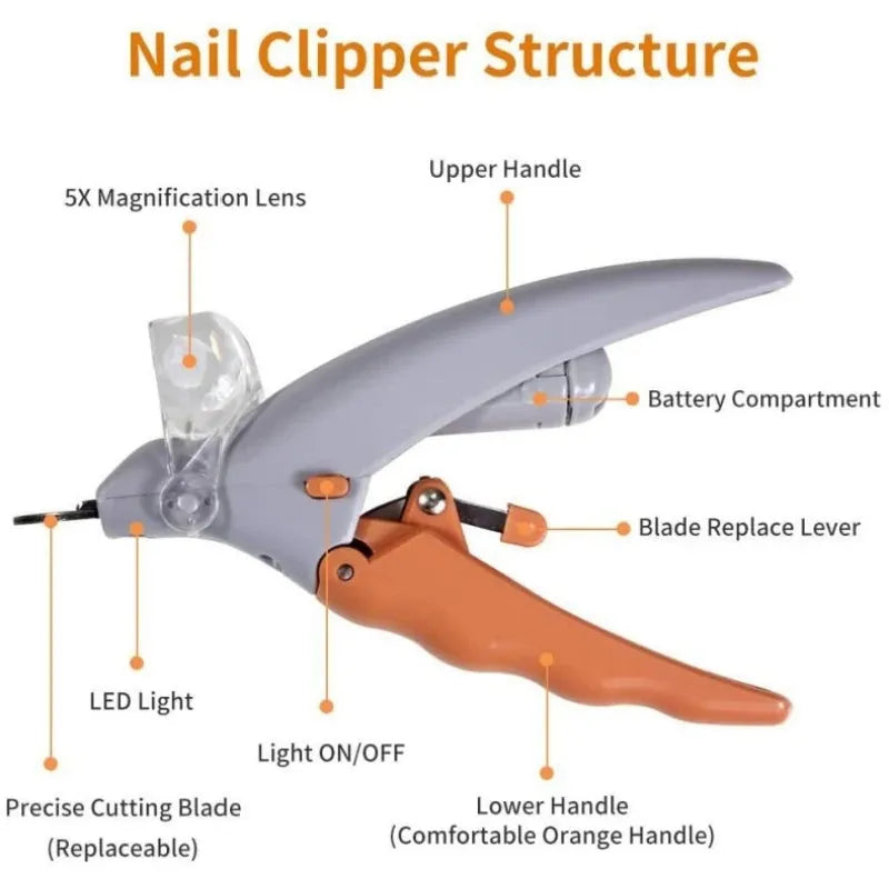 Yellow pet nail clipper with LED light and magnifying lens for trimming dog and cat nails
