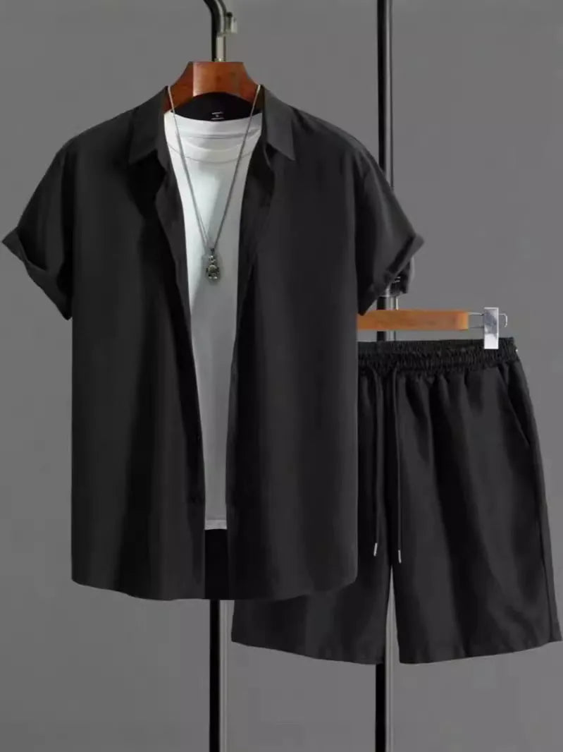 Jacquard short sleeve suit set in chemical fibre blend fabric available in beige, black, grey, or white