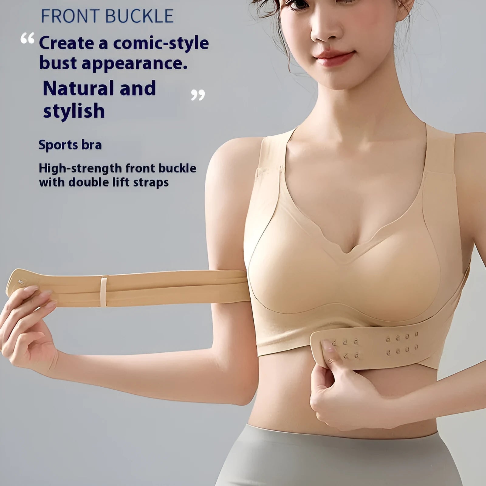 Women's front-fastening yoga sports bra in black, white, or nude with shaping 3/4 cups and double straps.