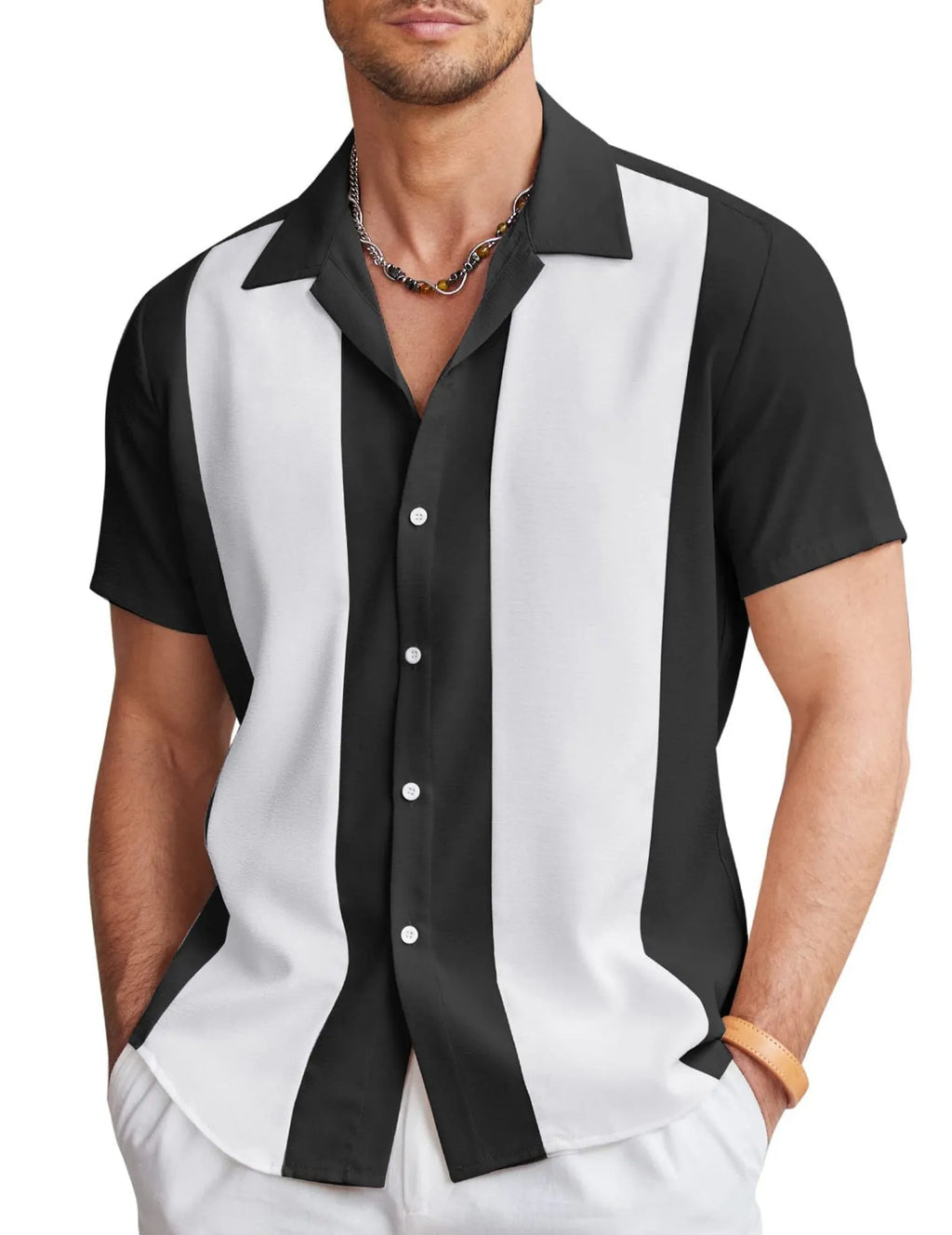 Men's slim fit Hawaiian short sleeve shirt with digital printed pattern