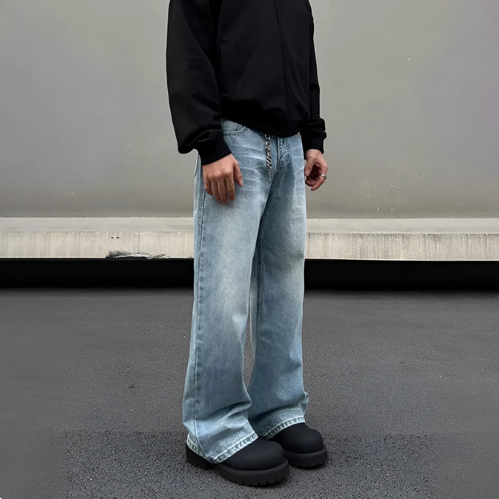 Men's blue retro straight jeans with whisker washing and a medium-high waist