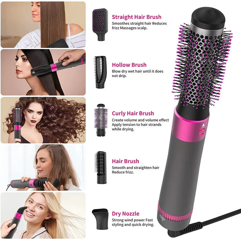 Dyson grey 5-in-1 hair dryer brush styler with five brush attachments on a white background.