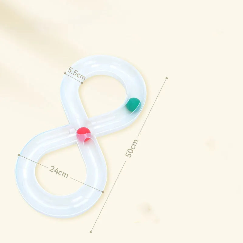 Blue and white cat turntable toy set with track balls and a feather teaser stick on a plain background.