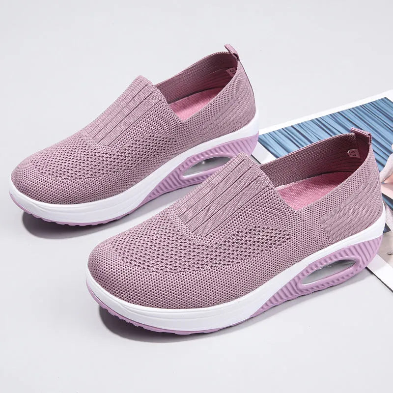 Women's mesh running shoes with air cushion, mid-heel, and round toe available in multiple colours