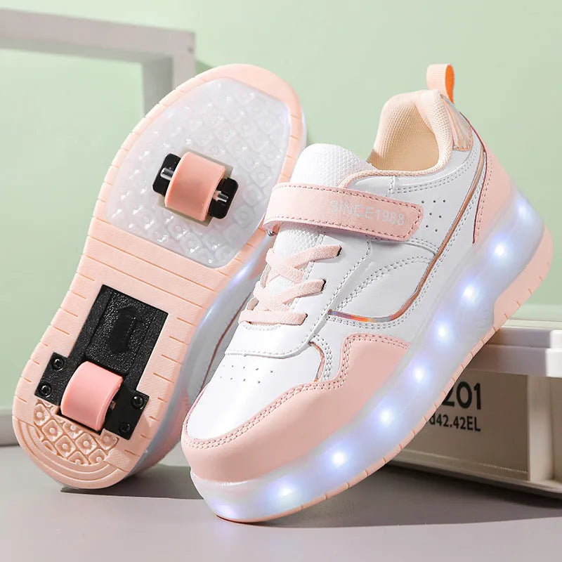 Boys and girls charging LED roller skates in multiple colours with light-up wheels