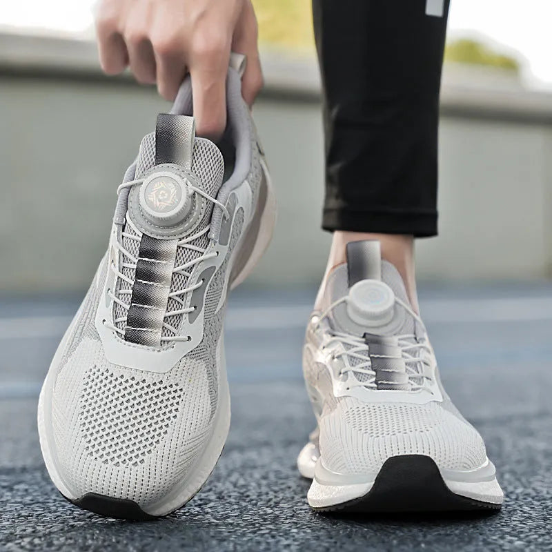 Korean style low-top sports shoes with rotating button buckle on Fly-kit mesh upper