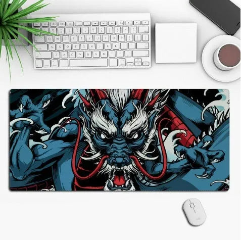 Anime design gaming mouse pad with non-slip rubber base shown on a desk