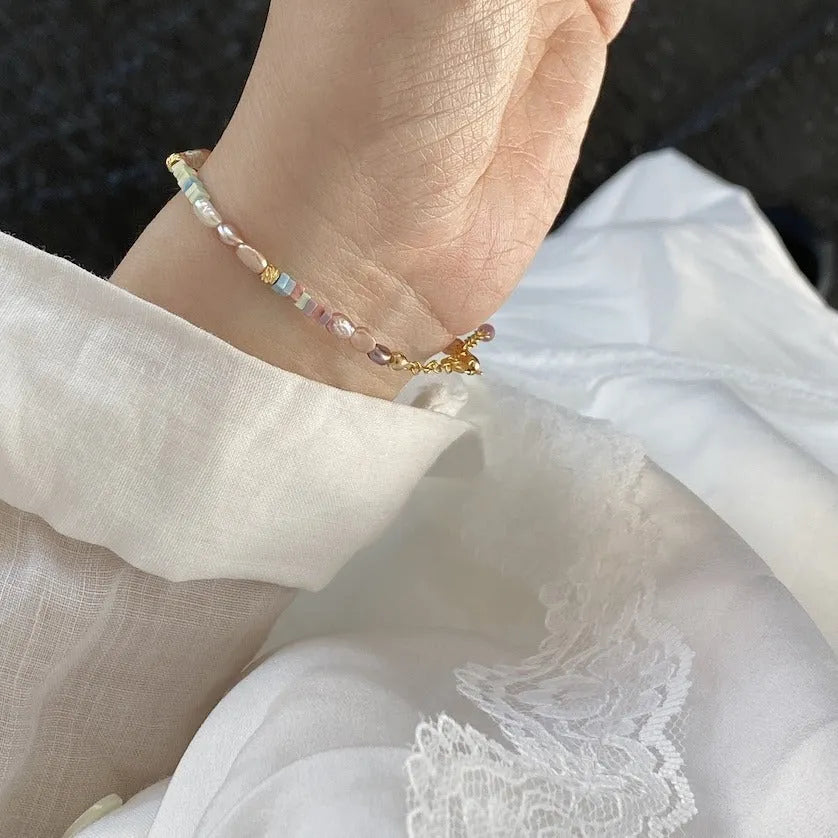 Women's natural pearl bracelet and necklace set with 14K gold gilding and silver accents