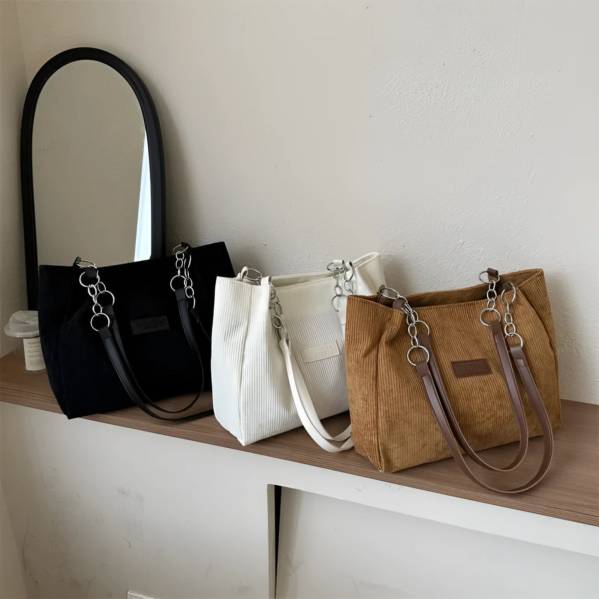 Corduroy one-shoulder tote handbag with three-dimensional pocket in street trend style