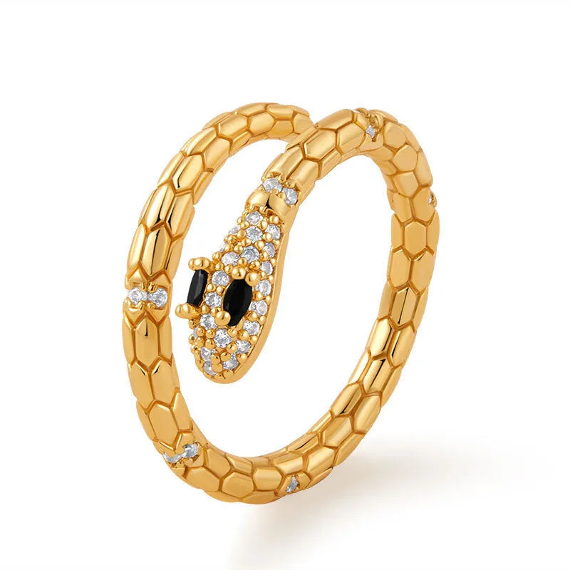 Adjustable snake-shaped copper ring with diamond treatment and 18K gold plating for index finger