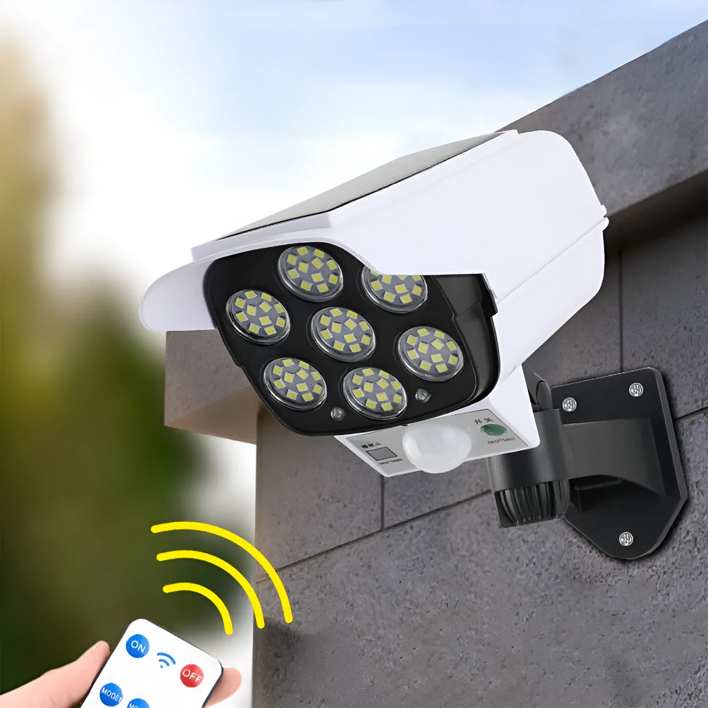 Solar-powered outdoor monitoring light with motion sensor in abstract design