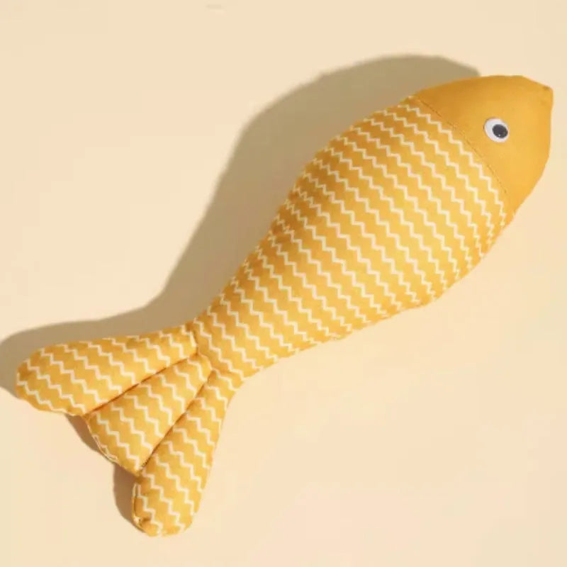 Blue, red, and yellow fish-shaped cat toys in large and medium sizes on a white background.