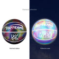 Size 7 holographic reflective basketball in chroma colour on a dark background.