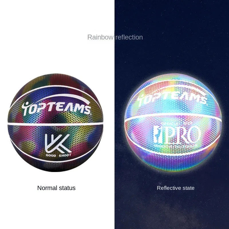 Size 7 holographic reflective basketball in chroma colour on a dark background.