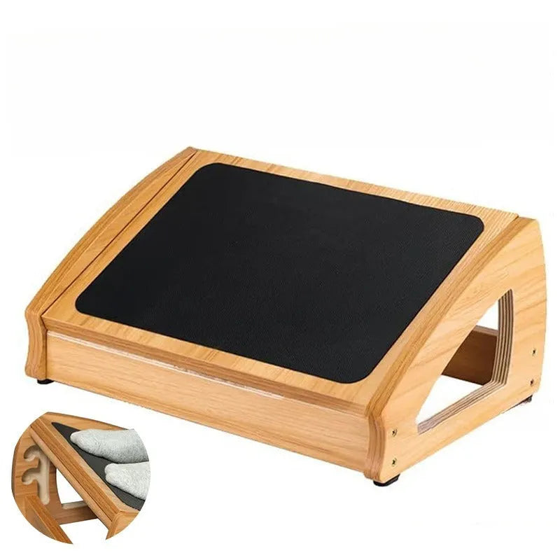 Natural wood colour bamboo adjustable footstool for under a desk.