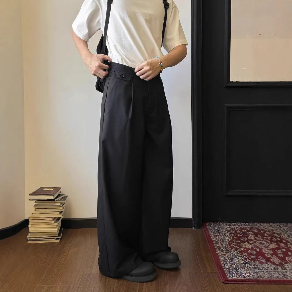 Men's straight-leg wide-leg casual suit pants in black and brown, loose drape fit