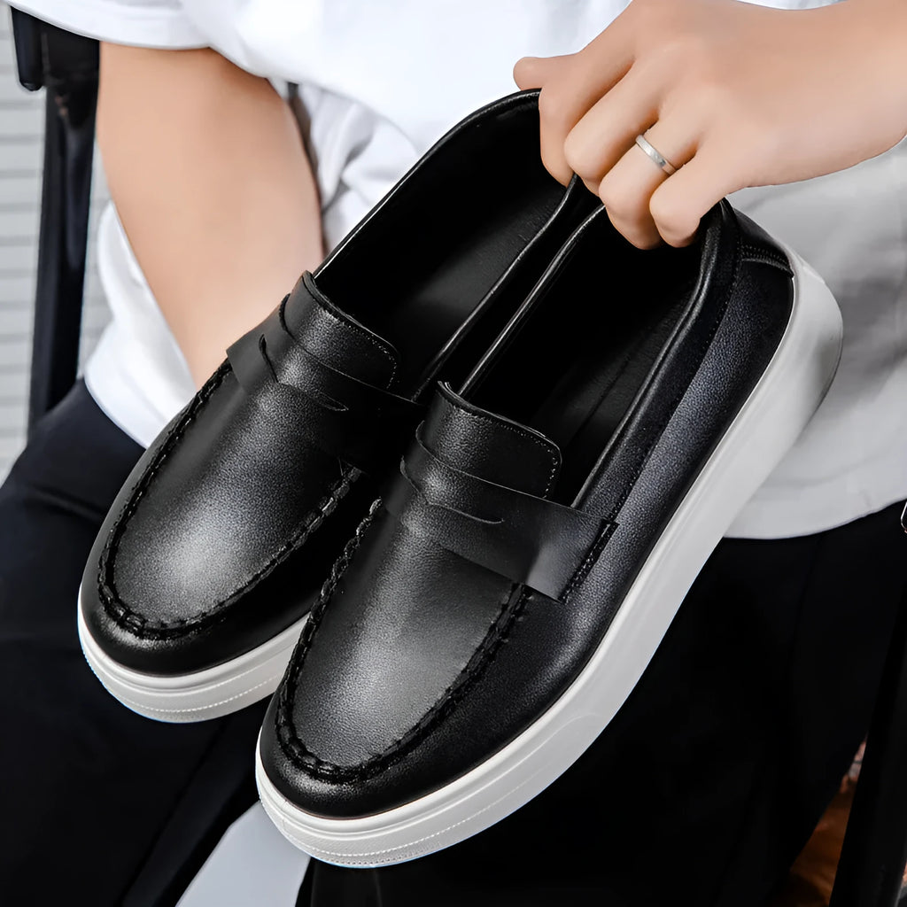 Men's casual leather slip-on shoes with round toe in black and white, khaki, or white options