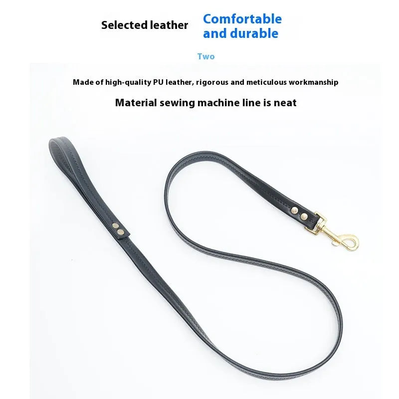 Black PU leather pet traction belt with metal clasps and adjustable length