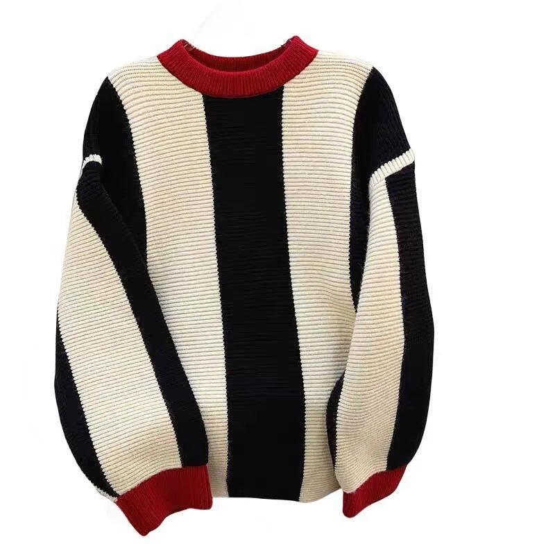 Women's striped cashmere sweater with contrast colour round neck pullover design