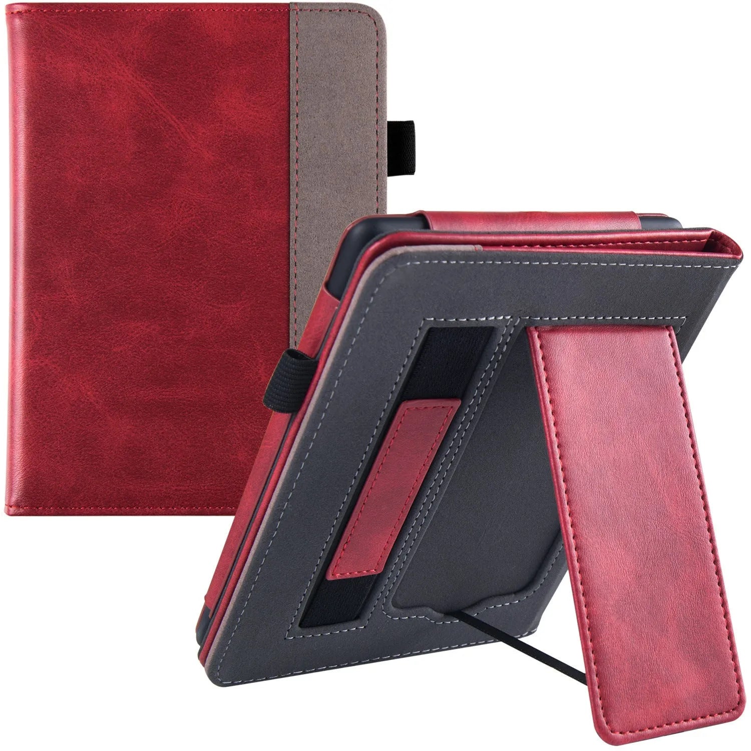 Kindle Paperwhite leather case with wrist splint bracket attached, showing calf leather exterior and microfiber interior