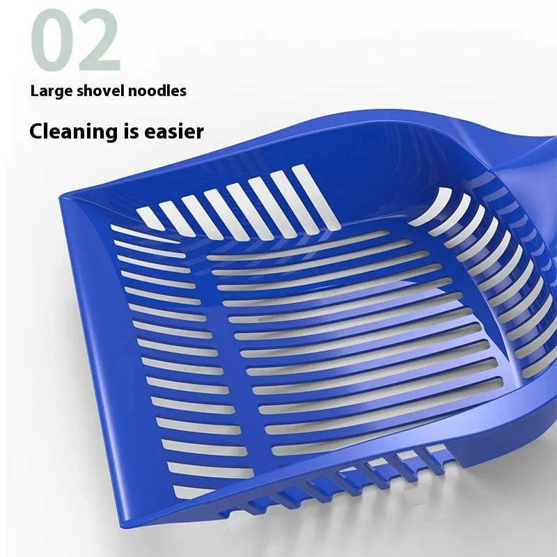 Red, yellow, and blue plastic cat litter scoops in small and medium sizes on a white background.