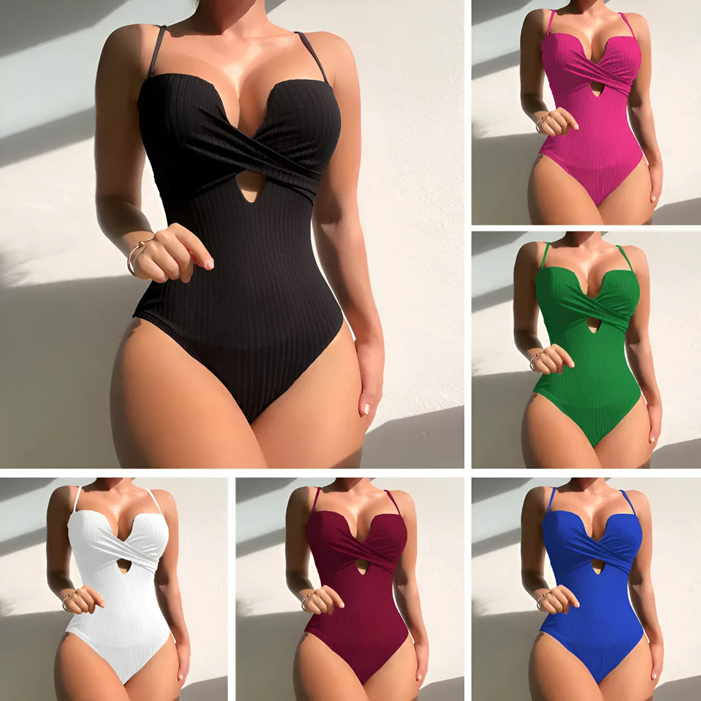 Solid colour one-piece swimsuit for women in polyester fibre construction