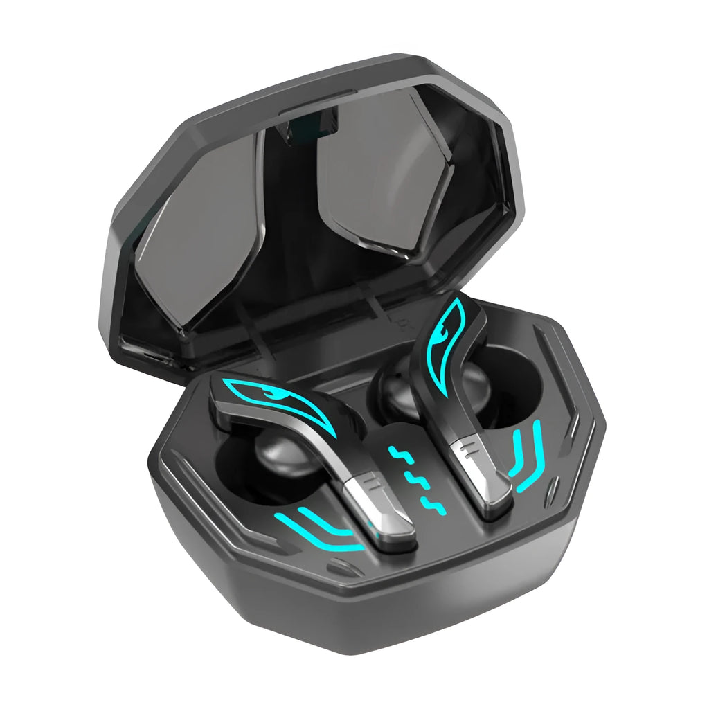 X15 wireless Bluetooth in-ear gaming headset with charging case, shown in black.