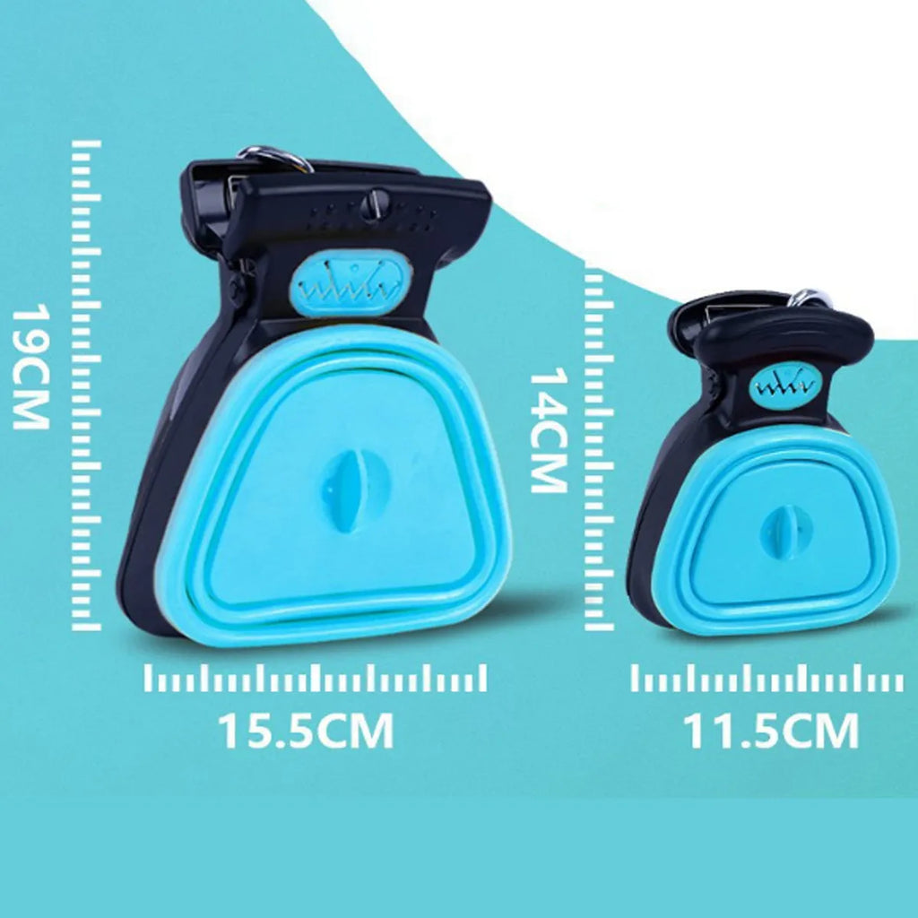 Portable handheld dog pooper scooper with clip and waste bag compartment in blue colour