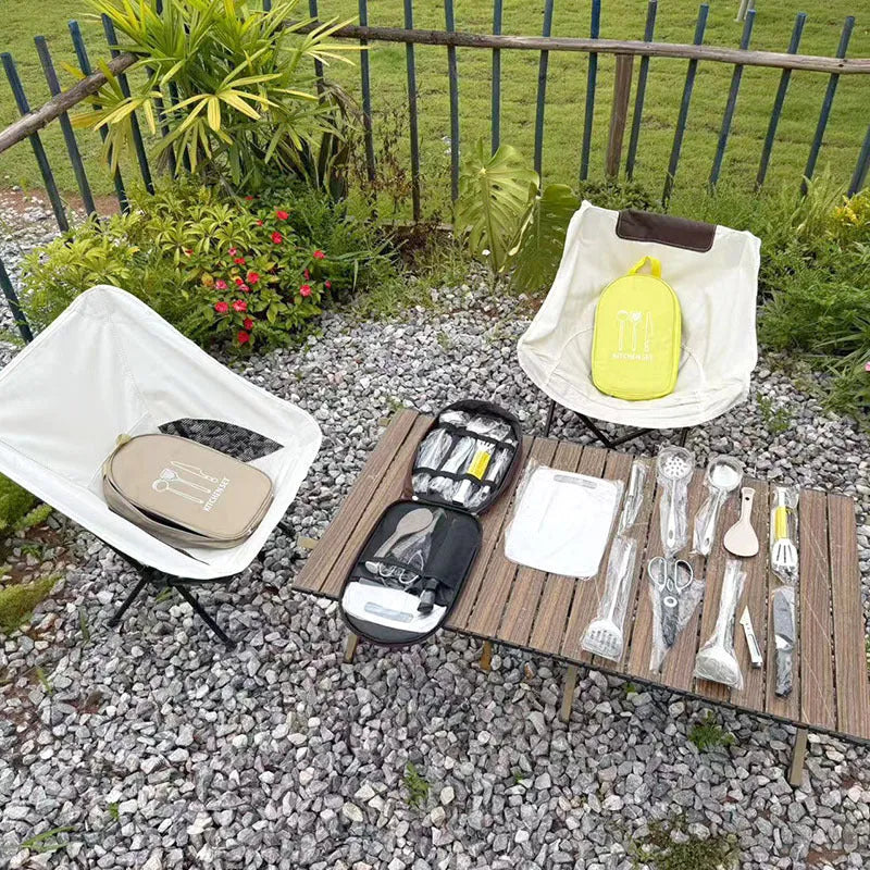 Brown portable picnic kitchenware storage bag containing 12-piece stainless steel cutlery set