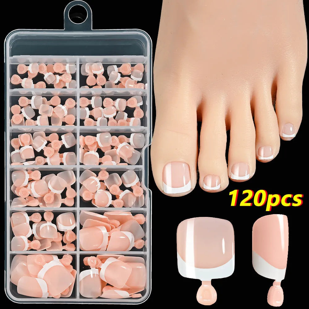 Box of 120 square short false nail pieces with French white edge design in nude colours