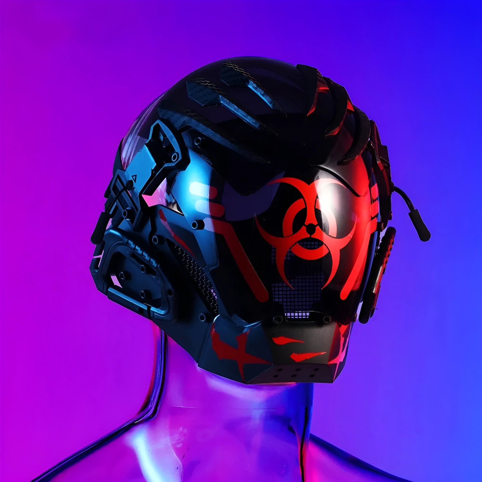 Black cybernetic full face mask prop for adult costume events