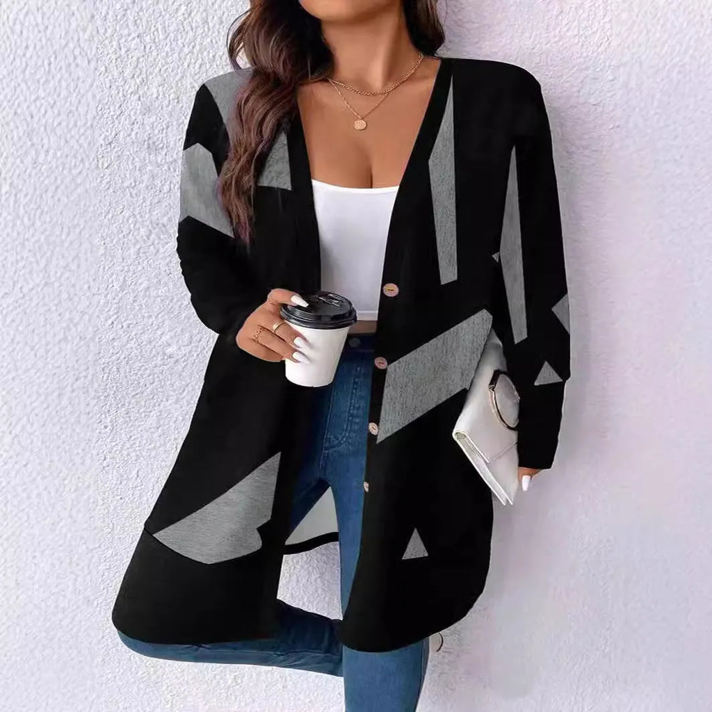 Black loose fit women's cardigan coat with button front in Japanese Korean casual style