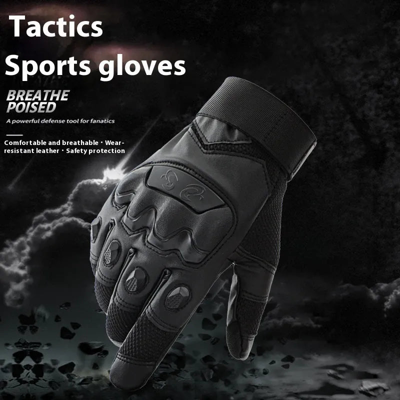 Men's black tactical full finger gloves with touch screen capability on the fingertips.
