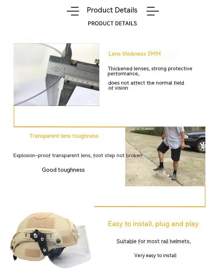Transparent polycarbonate helmet-mounted face shield with guide rail attachment