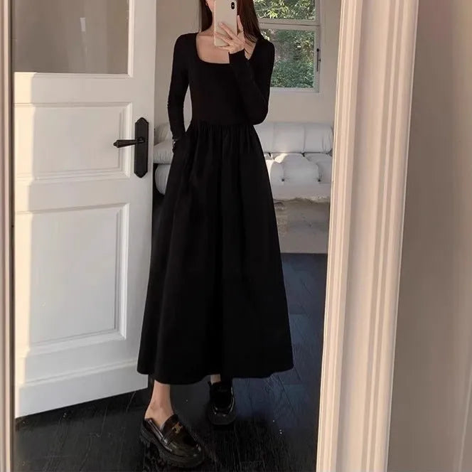 Black square collar knitted A-line dress with elastic waist and long sleeves