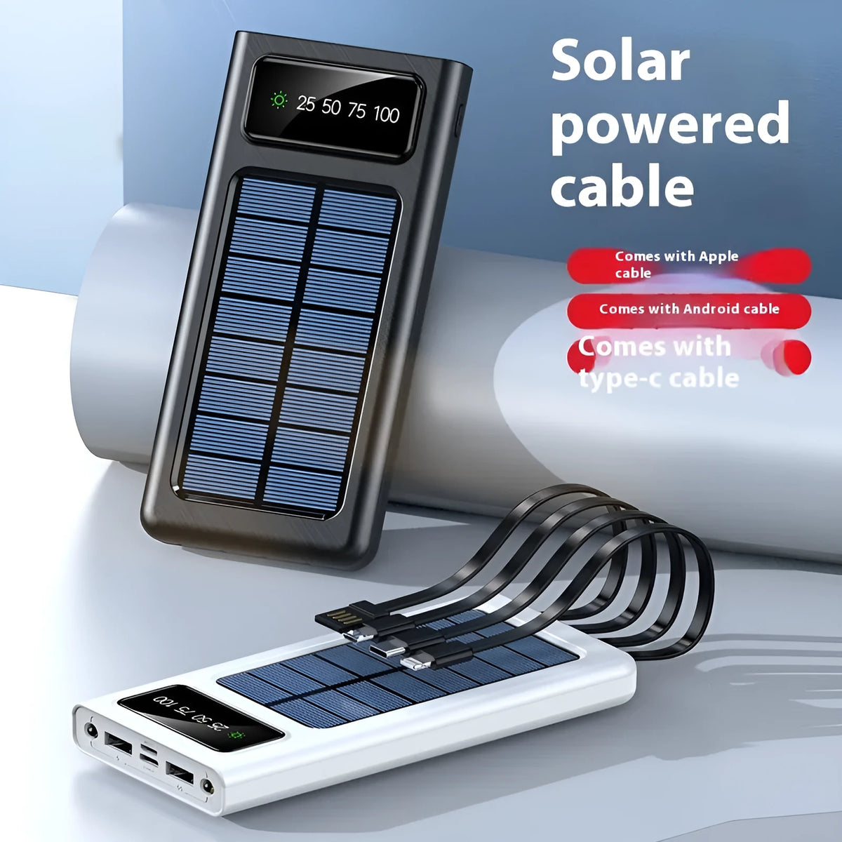 Solar power bank portable battery charger with cable for mobile phones in black or white