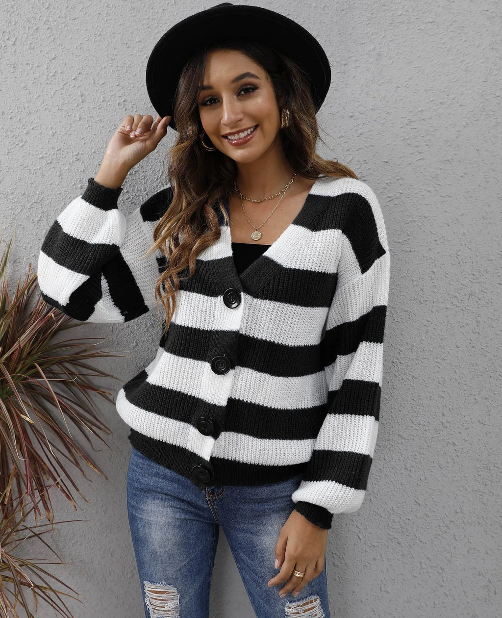 Women's striped deer plush cardigan in blue, black, brown, or dark green with button detail.