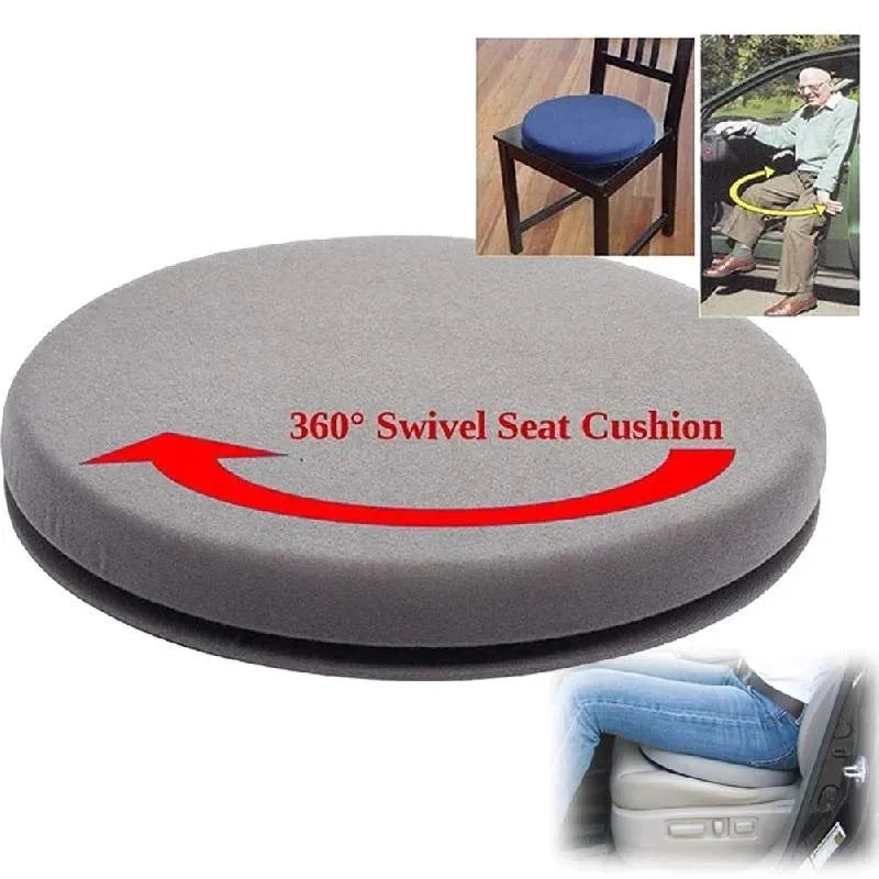 Grey rotating car seat cushion with non-slip base on a car seat, showing swivel function.