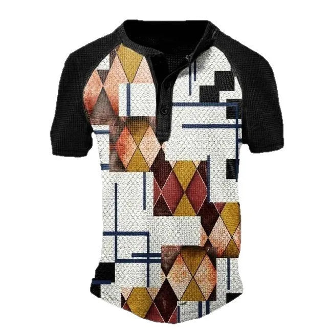 Men's grey short sleeve sports shirt with a 3D printed abstract colour pattern and a lapel button.