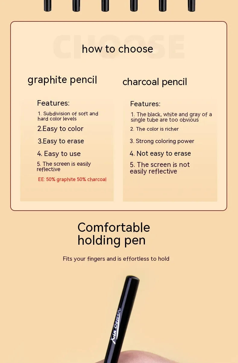 Set of six wood-free graphite sketching pencils with grades HB, 2B, 4B, 6B, 8B, and EE for art drawing.