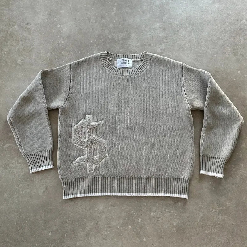 Grey jacquard pattern loose-fitting knitwear coat with long sleeves for autumn winter wear