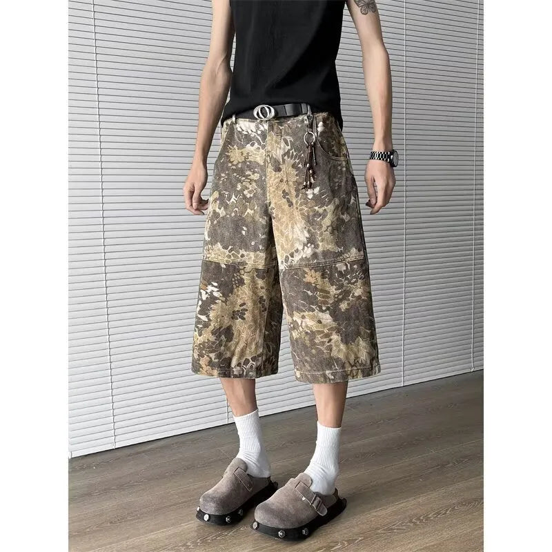 Men's bright yellow snake pattern camouflage jeans with cropped leg and tooling detail