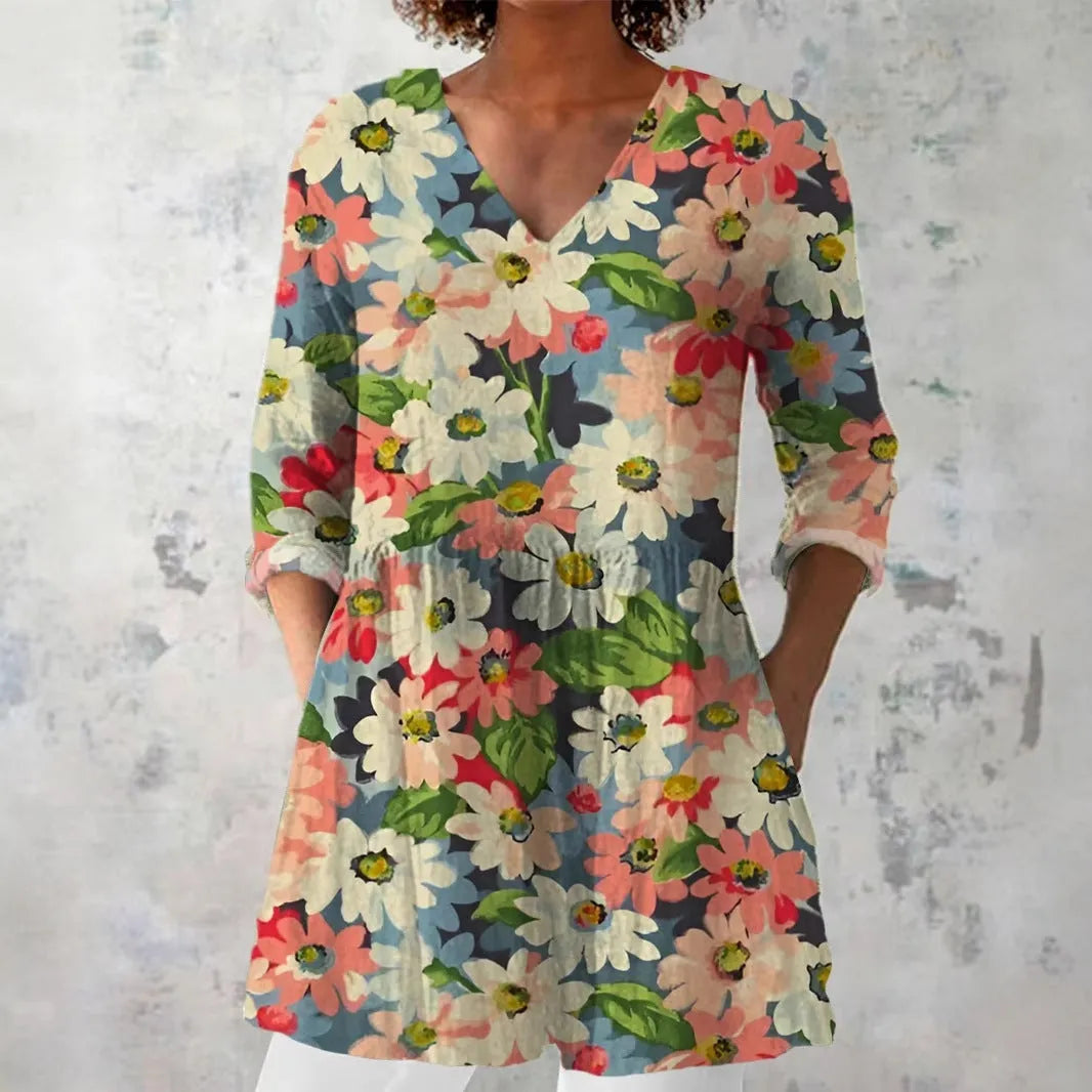 Women's slim fit long sleeve printed top in a retro pattern, made from polyester.