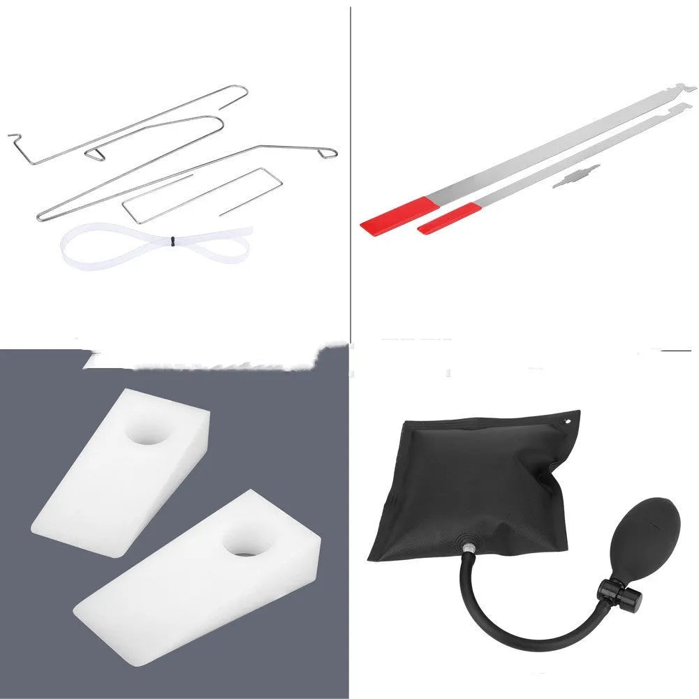 9-piece automotive maintenance tool set with air pump wedge, plastic wedges, crowbars, and hooks for emergency vehicle access
