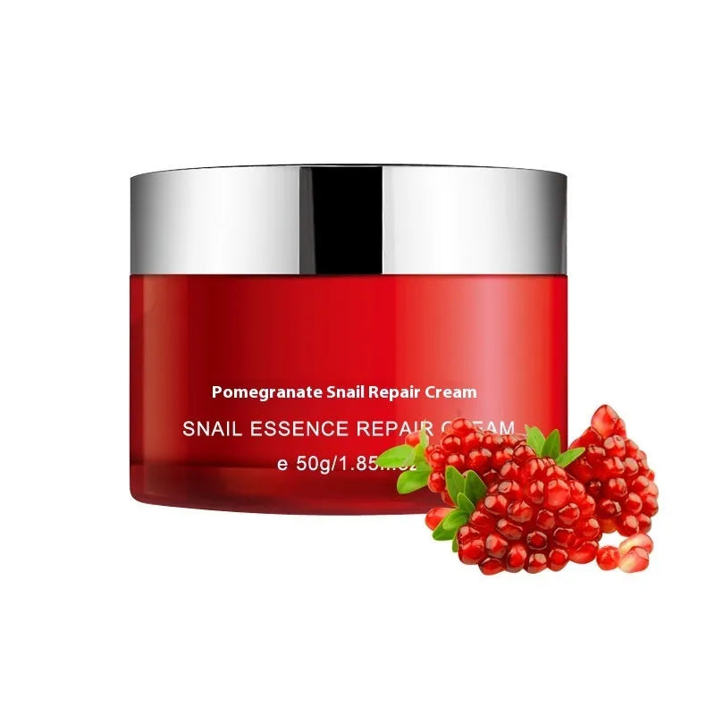Pomegranate skin care set with four red packaged products: face wash, toner, lotion, and facial cream