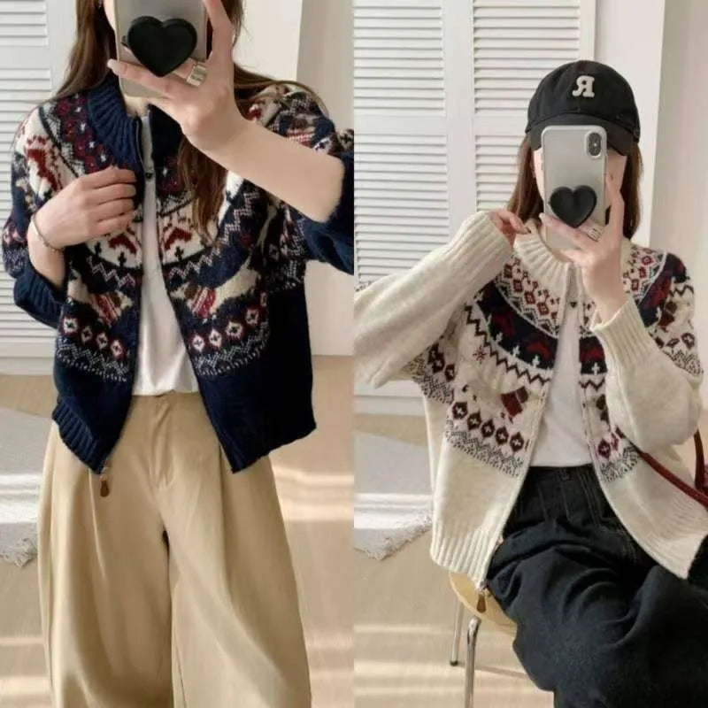 Ethnic style heavy industry jacquard round neck pullover sweater with 3D effect pattern in beige apricot or navy blue loose fit