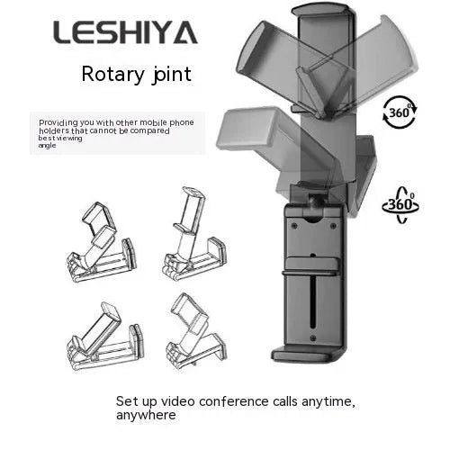 Black foldable rotating phone holder showing 360-degree adjustment for mobile devices